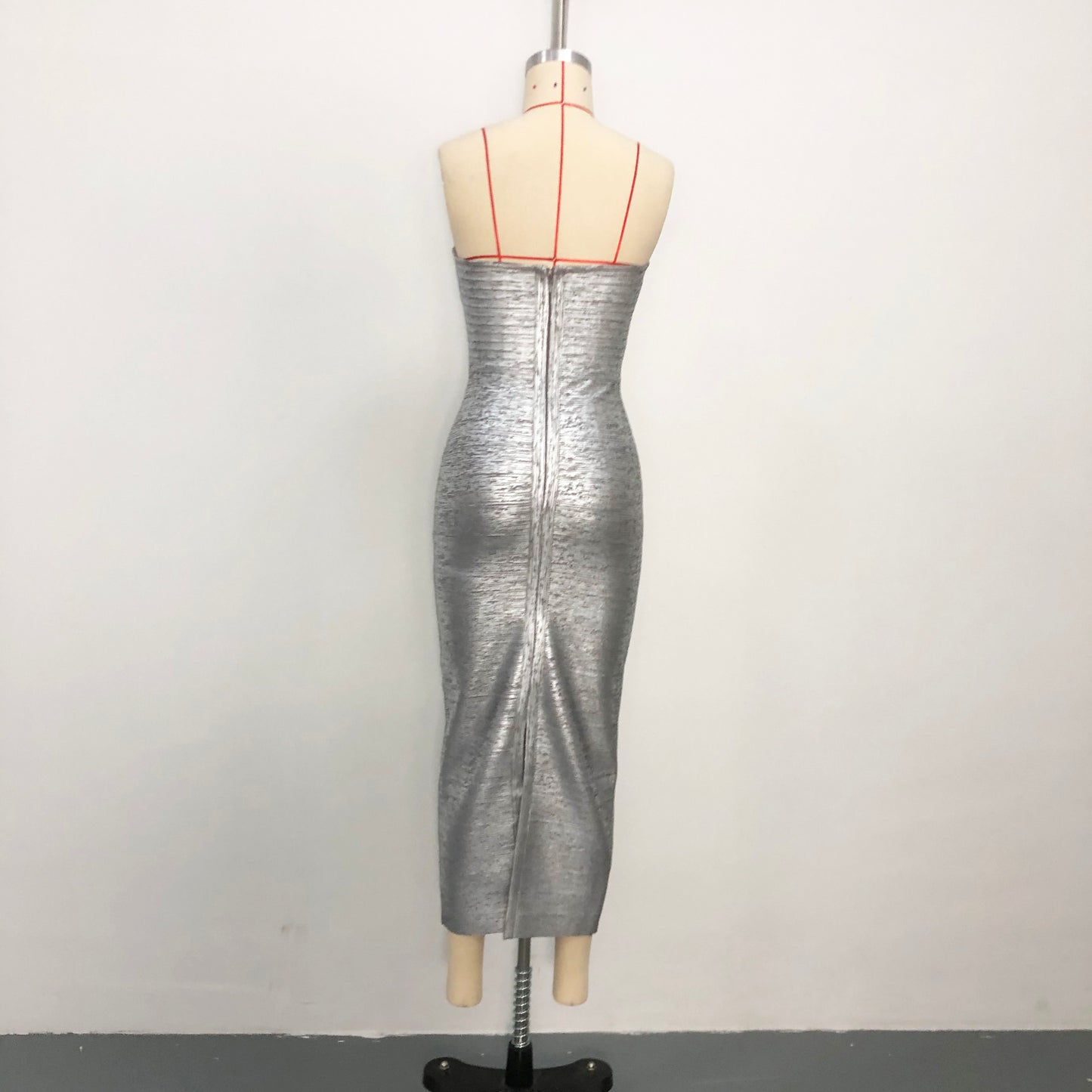 Strapless Woodgrain Foil Print Midi Dress Silver HV3069
