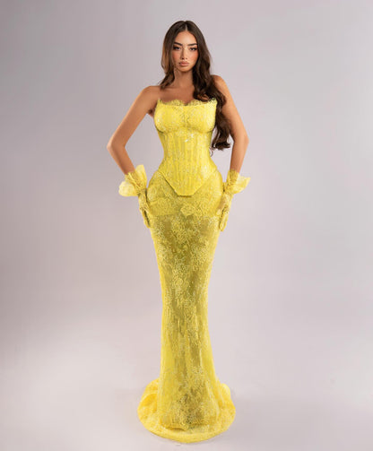 Strapless Embellished Lace Maxi Dress Yellow HV2817
