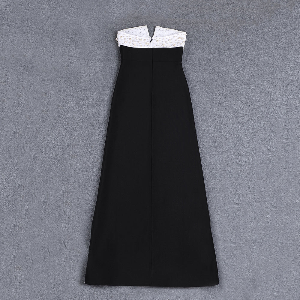 Strapless Pearl Maxi Dress Black White