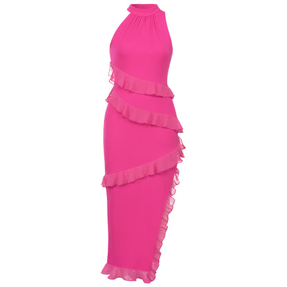 Halter Ruffle Maxi Dress Hot Pink HV9411