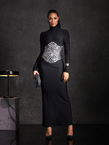 Long Sleeve Crystal Waist Maxi Dress Black HV3046