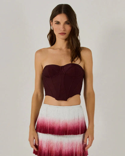 Strapless Tassel Two Piece Maxi Dress Burgundy HV2598