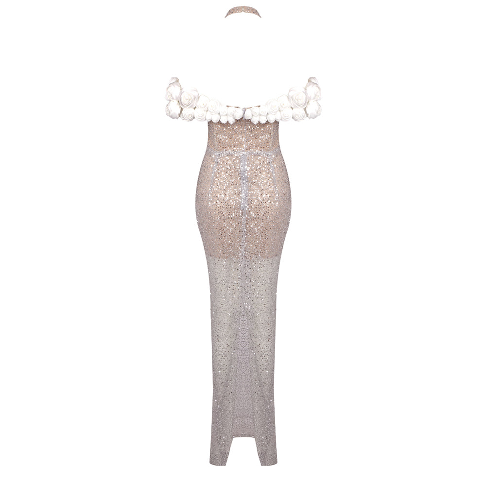 Halter Floral Bardot Sequin Maxi Dress Silver HV1760