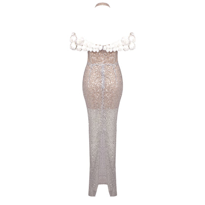 Halter Floral Bardot Sequin Maxi Dress Silver HV1760