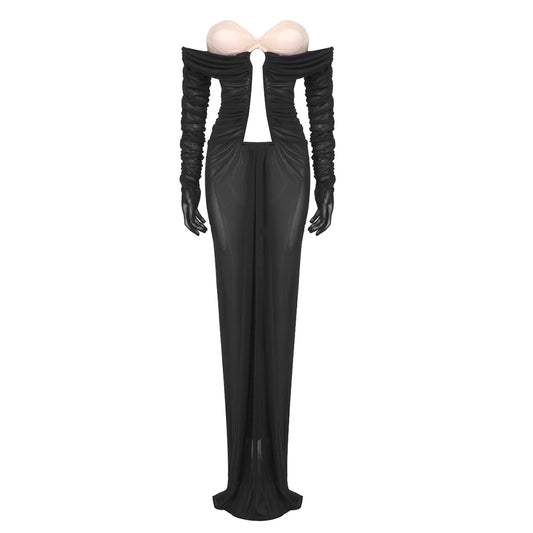 Long Sleeve Bustier Ruched Mesh Maxi Dress Black HV1117