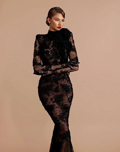 Long Sleeve Lace Backless Maxi Dress Black Nude HV2903