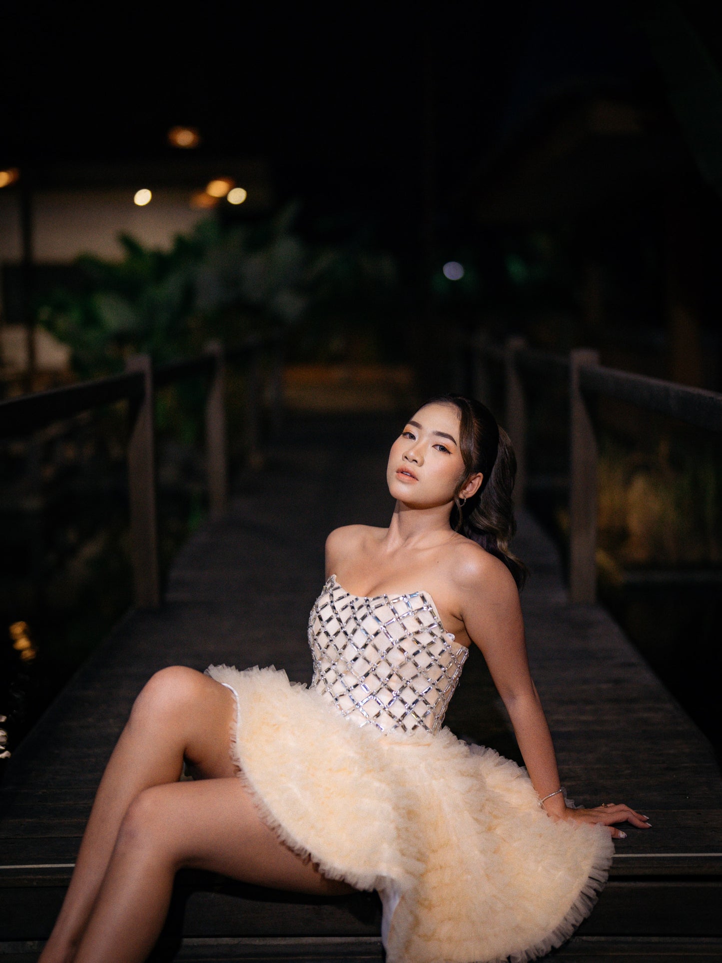 Strapless Embellished Ruffle A Line Dress Ivory HV3129