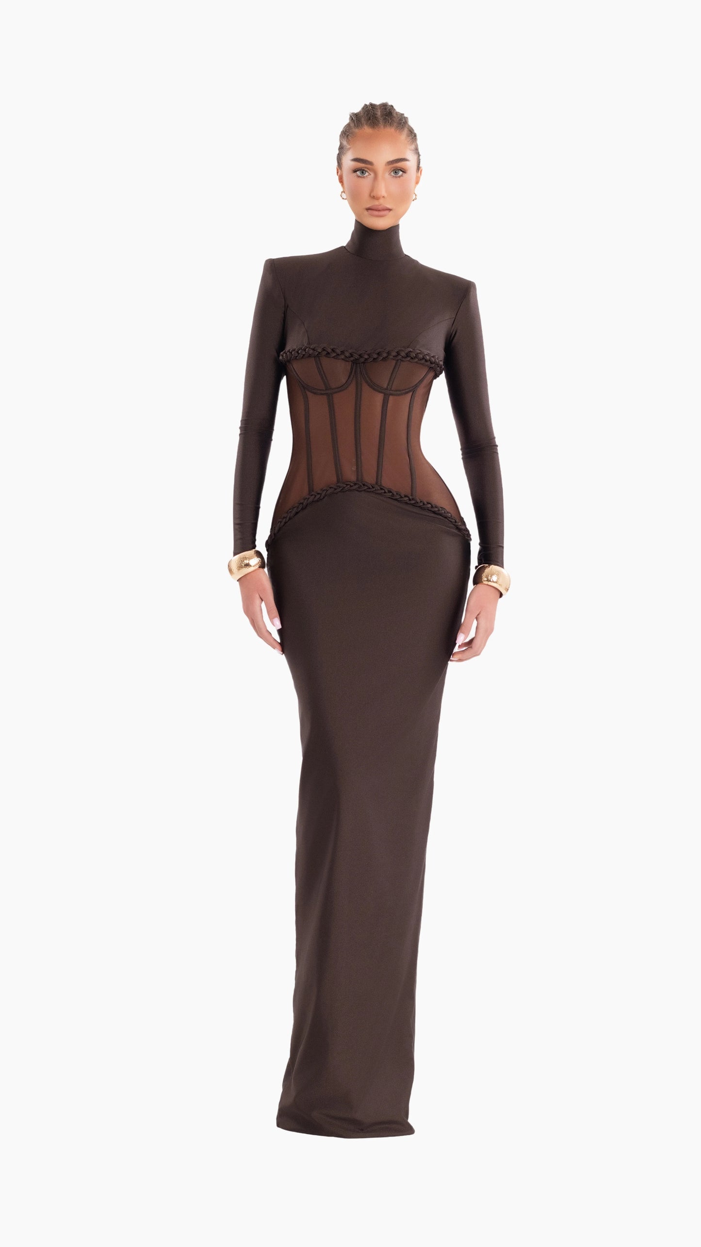 Long Sleeve Structured Mesh Maxi Dress Brown HV2648