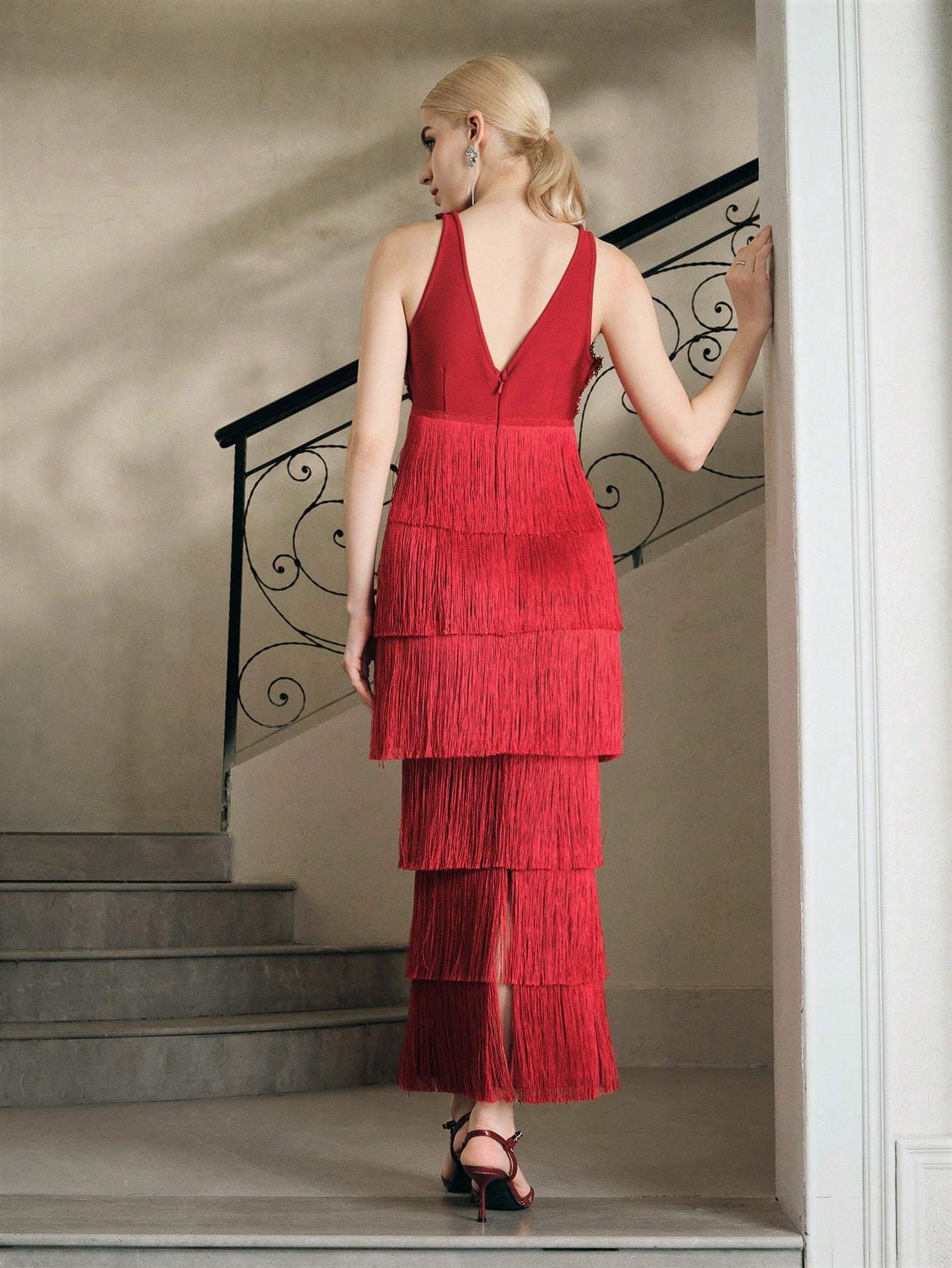 Lace Bustier Tassel Midi Dress Red HV2795