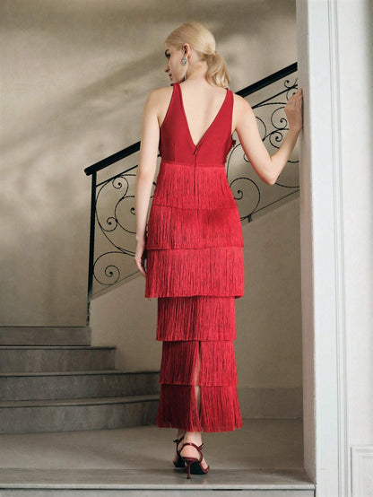 Lace Bustier Tassel Midi Dress Red HV2795