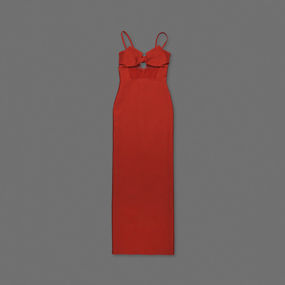 Bustier Draped Mesh Insert Maxi Dress Red HV2094