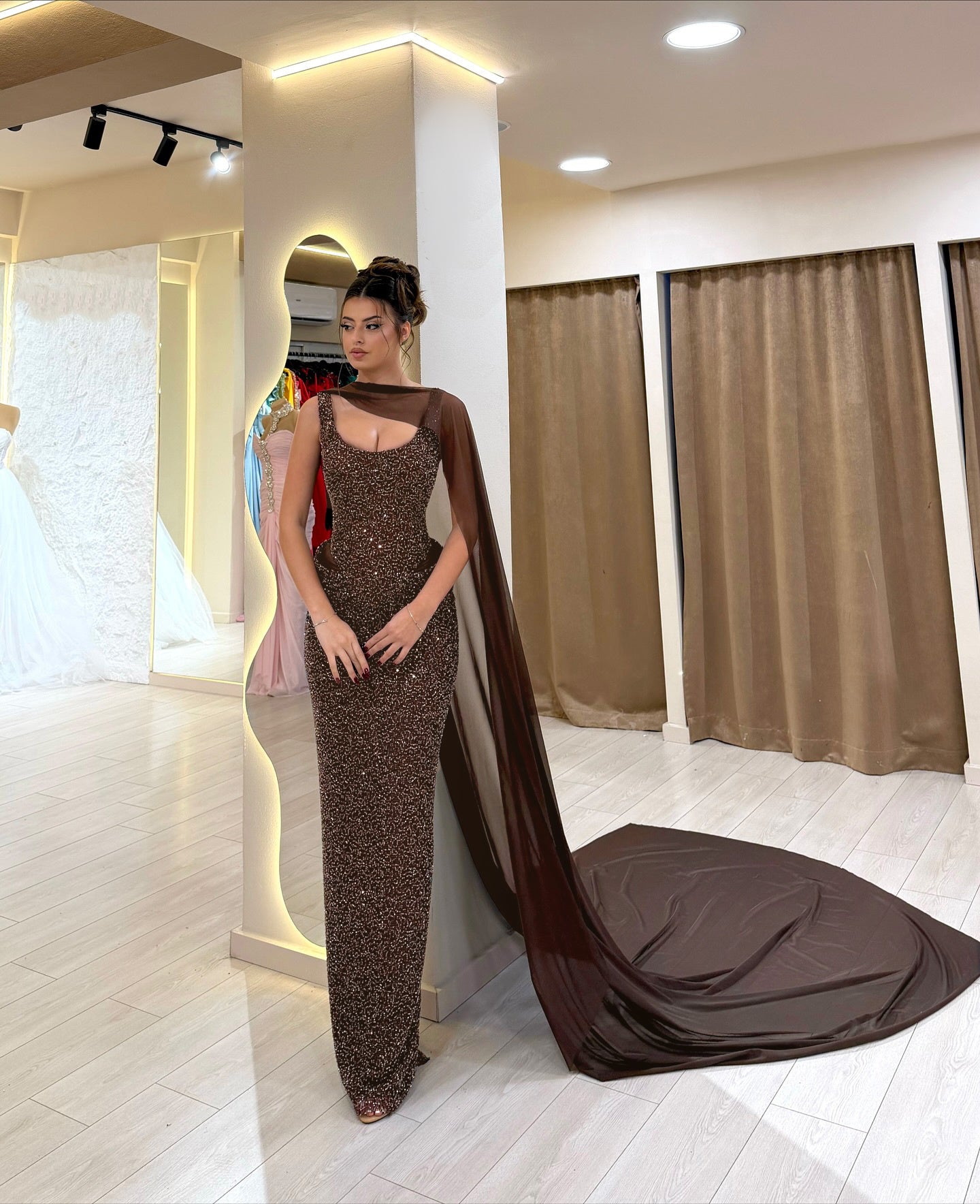Mesh Insert Sparkly Maxi Dress Brown HV0061