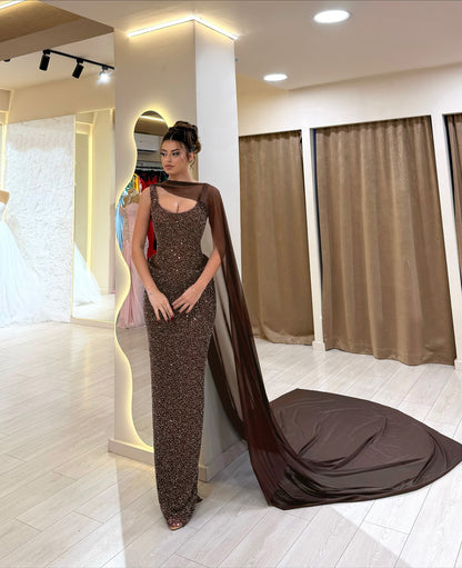 Mesh Insert Sparkly Maxi Dress Brown HV0061