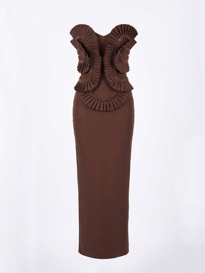 Strapless Pleated Detail Maxi Dress Brown HV3067