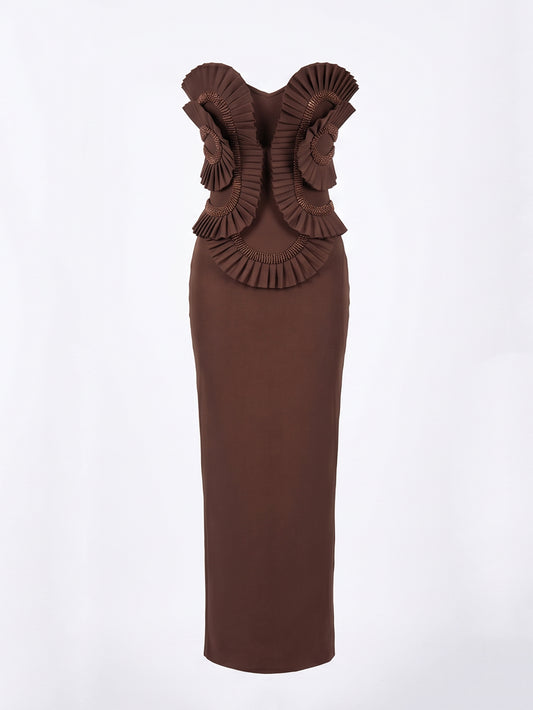 Strapless Pleated Detail Maxi Dress Brown HV3067