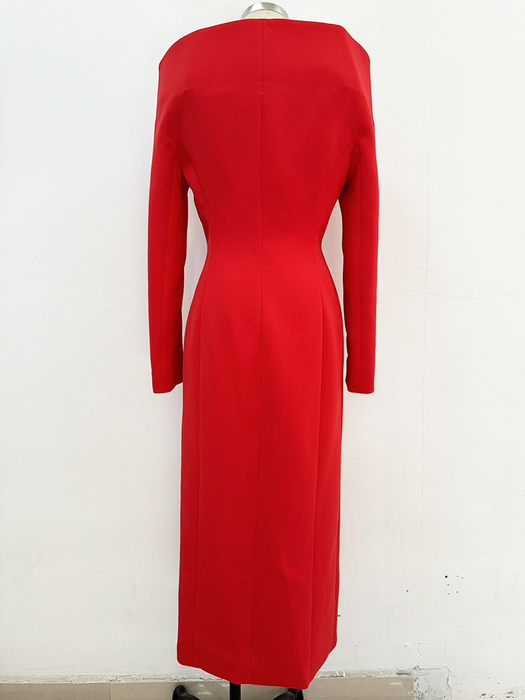 Long Sleeve Midi Coat Dress Red HV1714