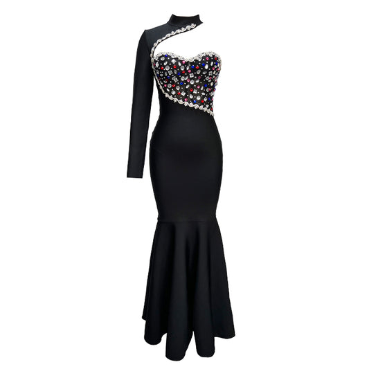 One Sleeve Embellished Mermaid Maxi Dress Black HV1208