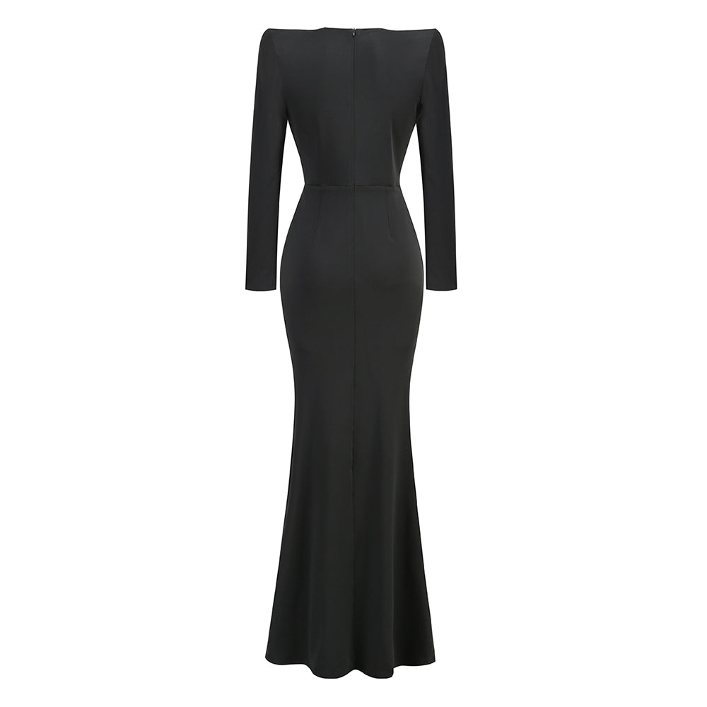 Long Sleeve Draped Embellished Maxi Dress Black HV1178