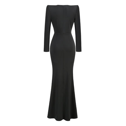 Long Sleeve Draped Embellished Maxi Dress Black HV1178