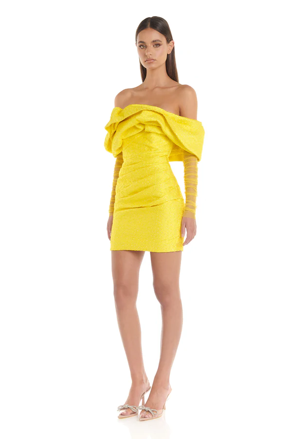 Long Sleeve Draped Off Shoulder Sparkly Dress Yellow HV9878