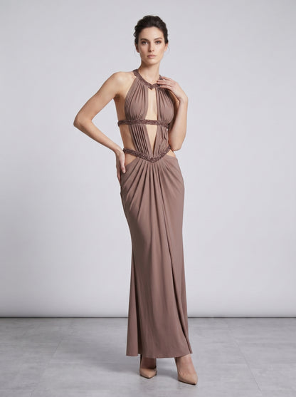 Halter Draped Cut Out Maxi Dress Brown HV3085
