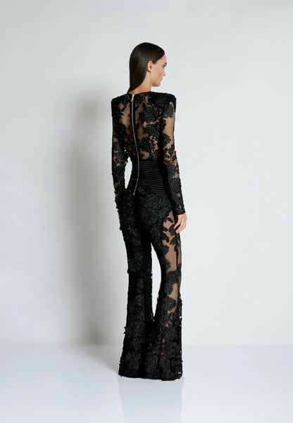 Long Sleeve Floral Lace Jumpsuit Black HV1988