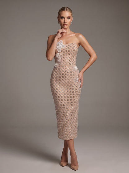 Strapless Floral Detail Embellished Midi Dress Nude HV3139