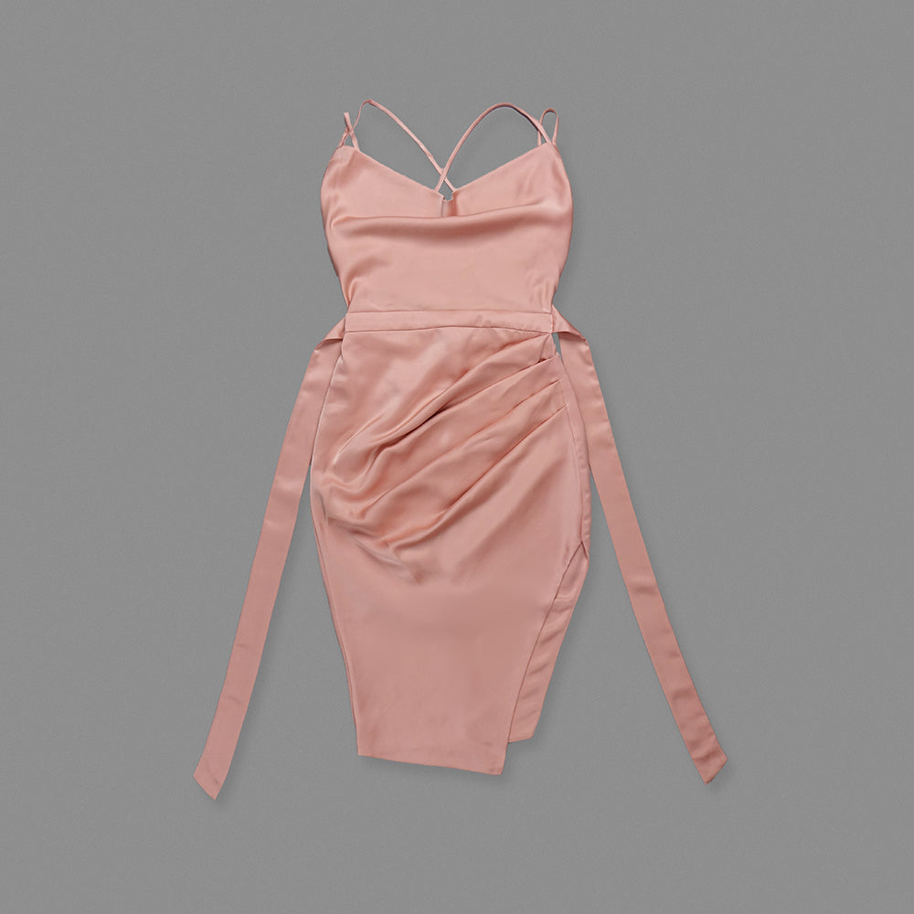 Draped Strappy Back Midi Silk Dress Pink HV0004