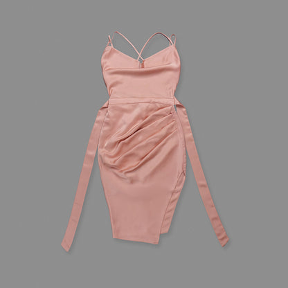 Draped Strappy Back Midi Silk Dress Pink HV0004