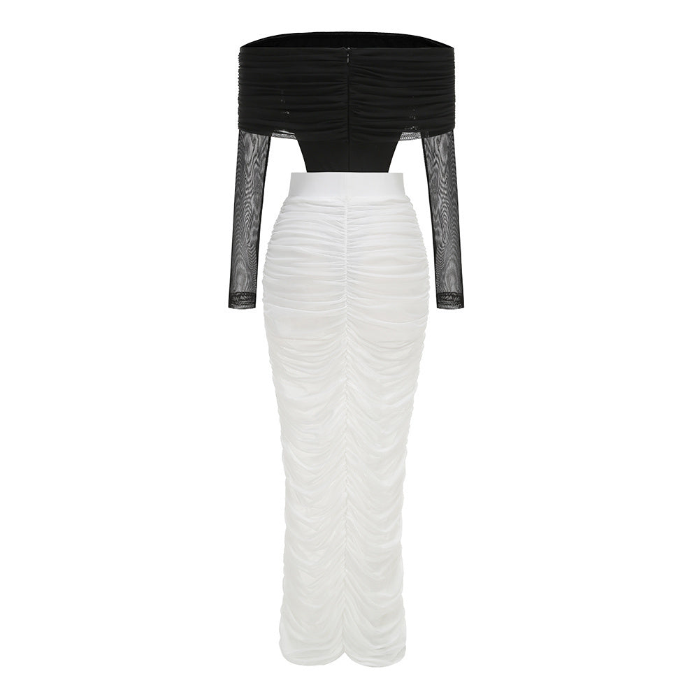 Long Sleeve Draped Bardot Maxi Dress Black White HV2779