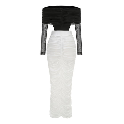 Long Sleeve Draped Bardot Maxi Dress Black White HV2779