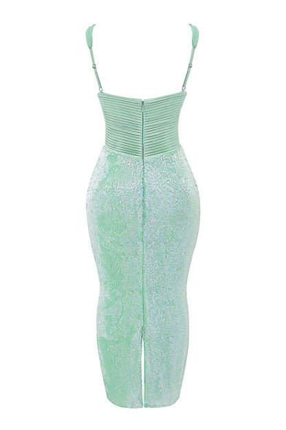 Pleated Sequin Midi Dress Green