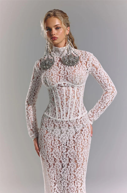 Long Sleeve Structured Lace Maxi Dress White HV2657