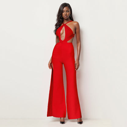 Halter Cut Out Detail Jumpsuit Red