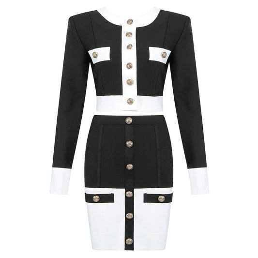 Long Sleeve Button Two Piece Dress Black White HV6907