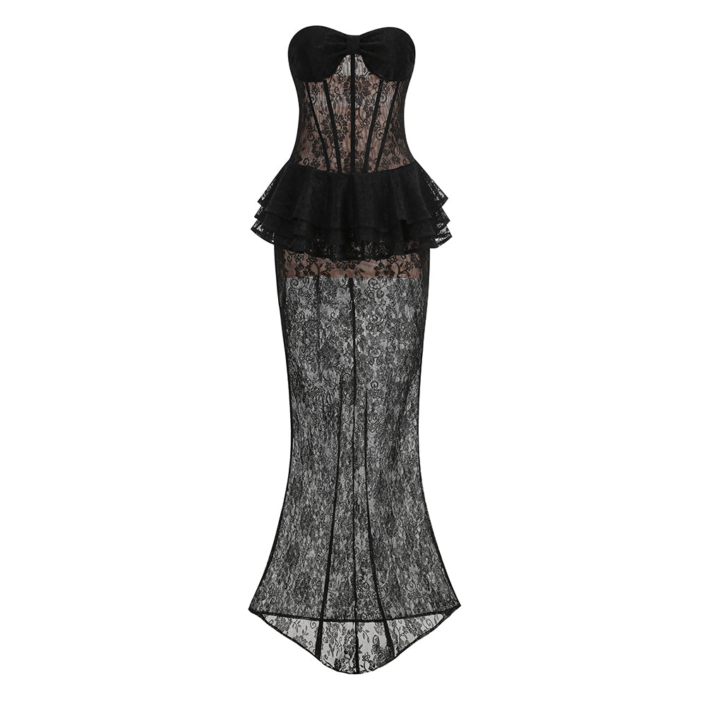 Strapless Lace Bustier Peplum Maxi Dress Black HV3131