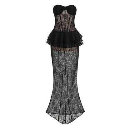 Strapless Lace Bustier Peplum Maxi Dress Black HV3131