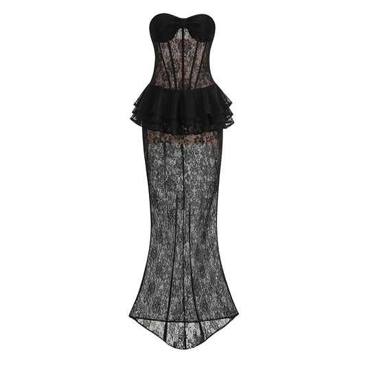 Strapless Lace Bustier Peplum Maxi Dress Black HV3131