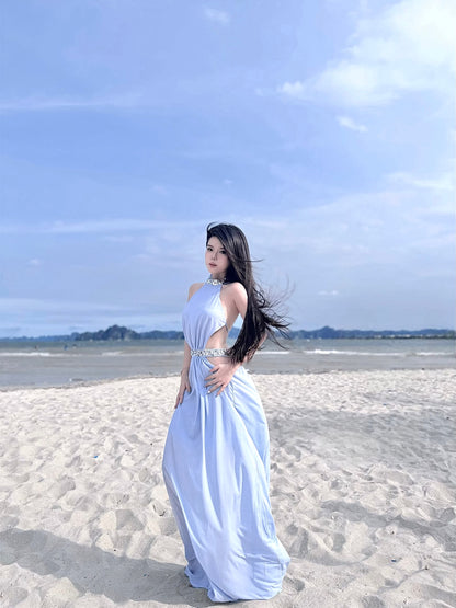 Halter Crystal Draped Backless Maxi Dress HV0122