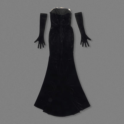 Strapless Gold Applique Maxi Velvet Dress Black HV2151