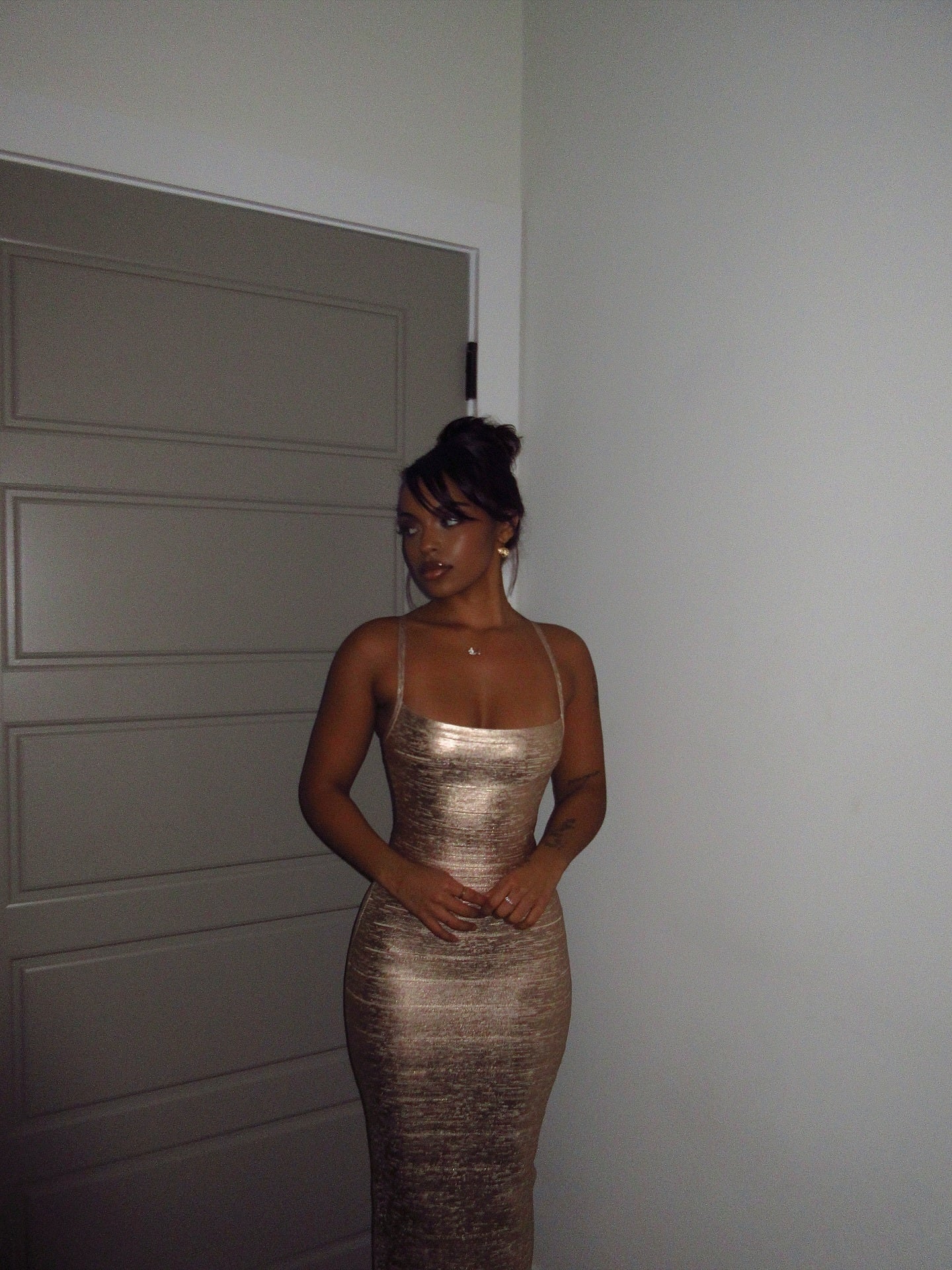 Woodgrain Foil Print Maxi Dress Gold HV2942
