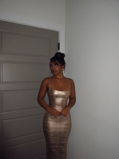 Woodgrain Foil Print Maxi Dress Gold HV2942