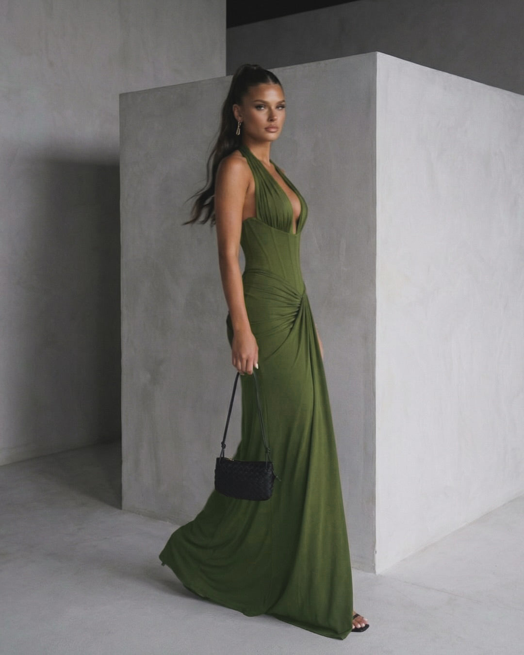 Halter Draped Corset Maxi Dress Green HV0125