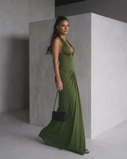 Halter Draped Corset Maxi Dress Green HV0125