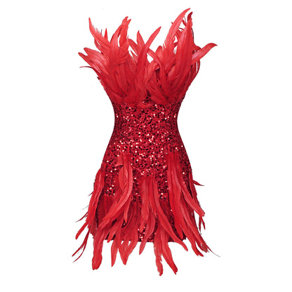 Strapless Feather Sequin Dress Red HV9175