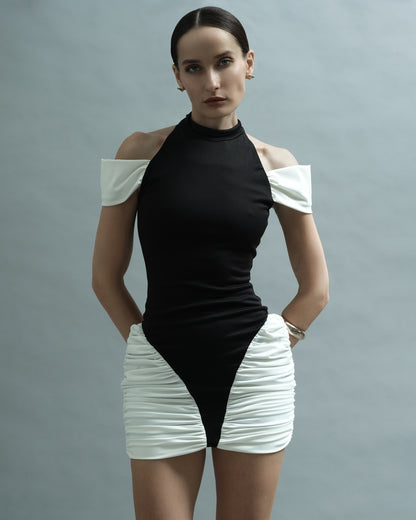 Cold Shoulder Ruched Dress Black White HV2660