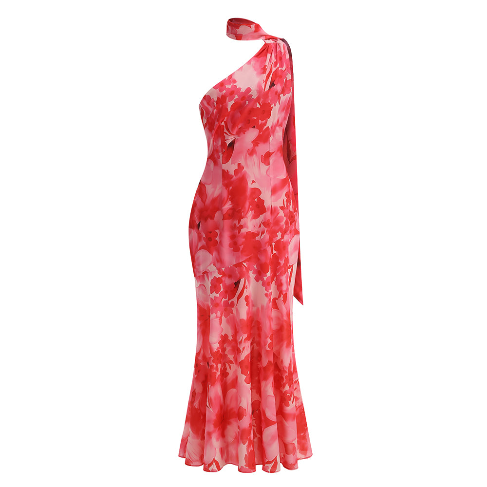 Halter Floral A Line Maxi Dress Hot Pink HV2973