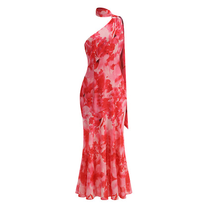 Halter Floral A Line Maxi Dress Hot Pink HV2973