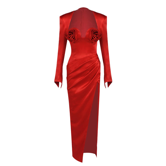 Long Sleeve Floral Maxi Two Piece Dress Red HV2135