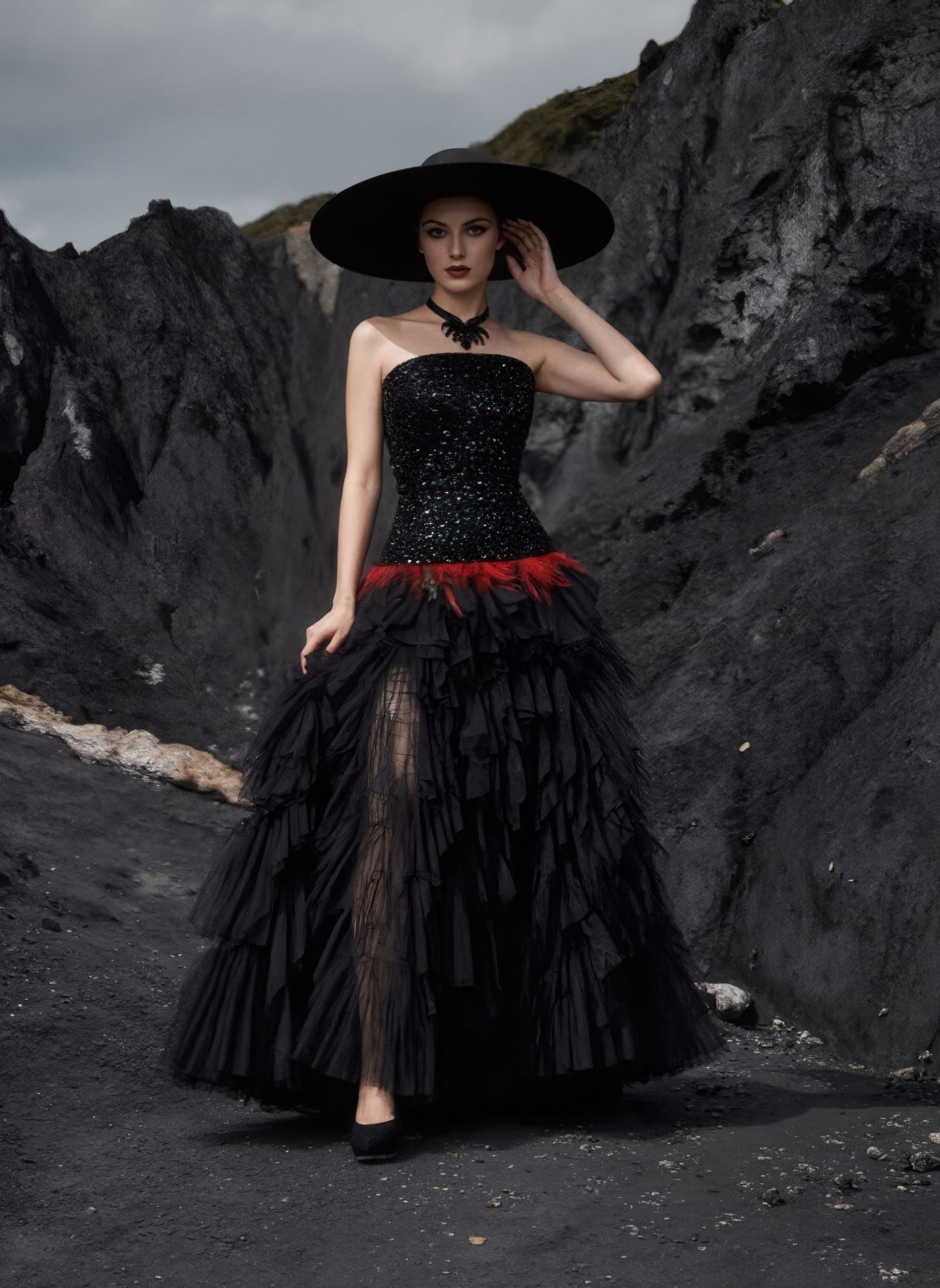 Strapless Sequin Ruffle Maxi Dress Black Red HV2760